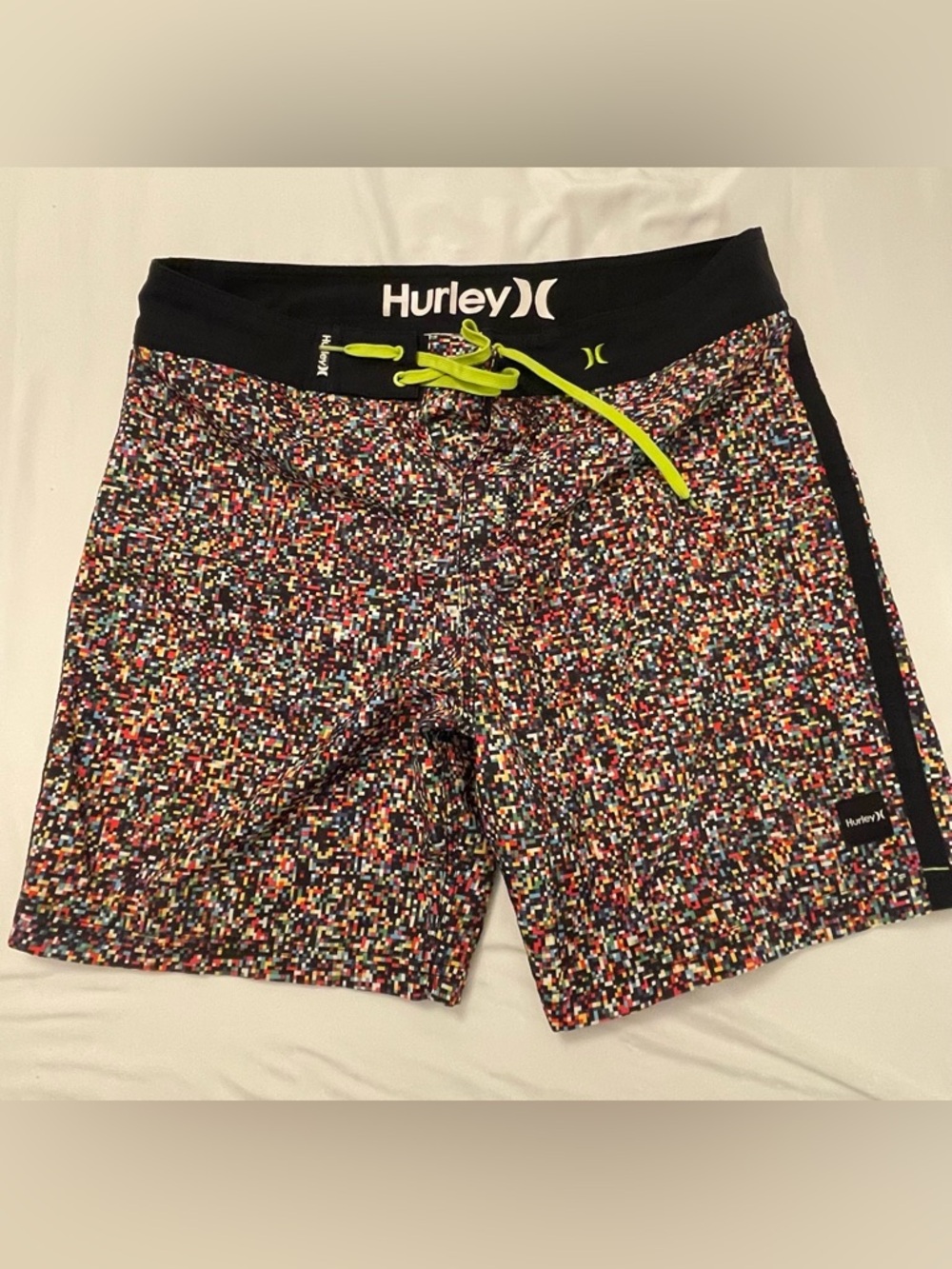 Hurley men’s Multi-Color Pixel Print Swim/Board Shorts with Neon Drawstring